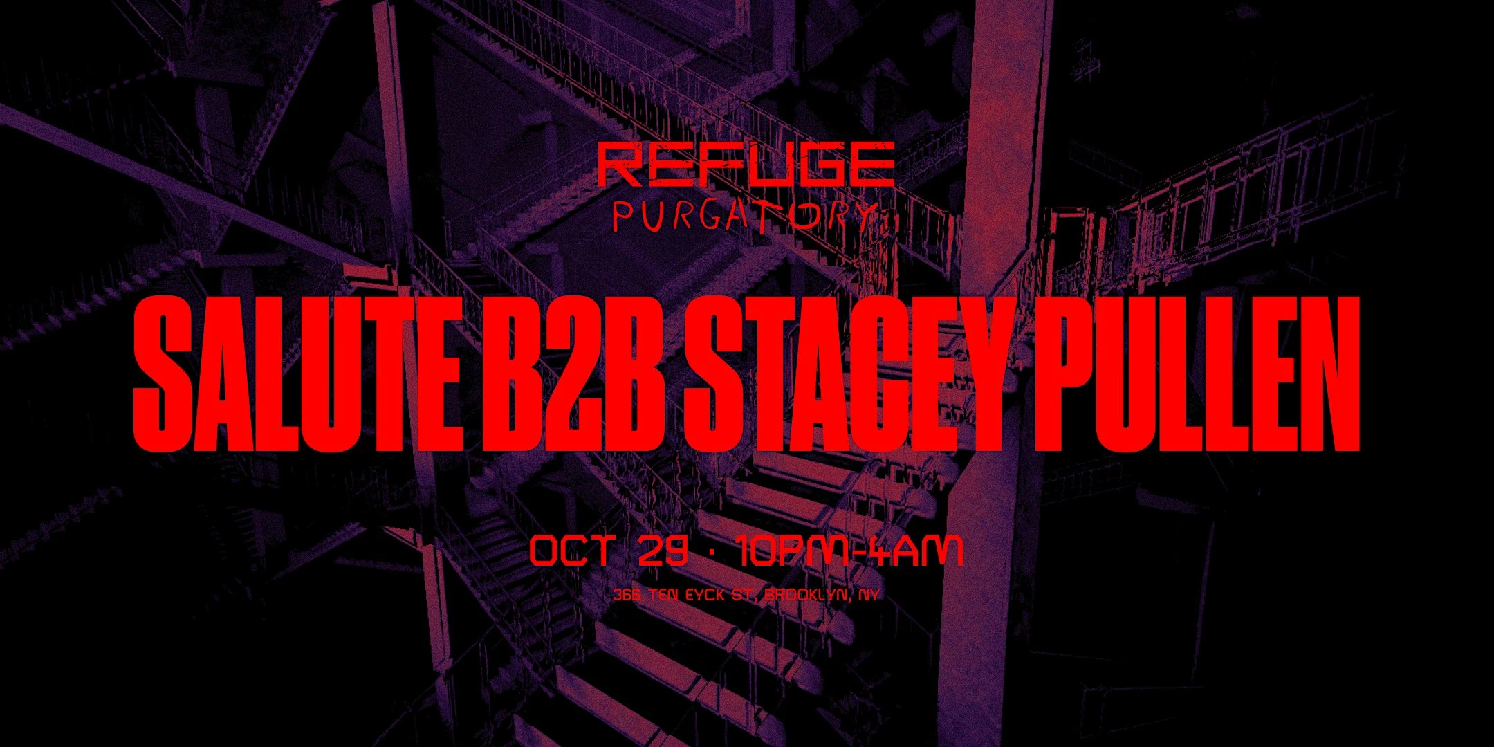 Refuge Purgatory opening-party artwork for salute B2B Stacey Pullen on October 29, 2026